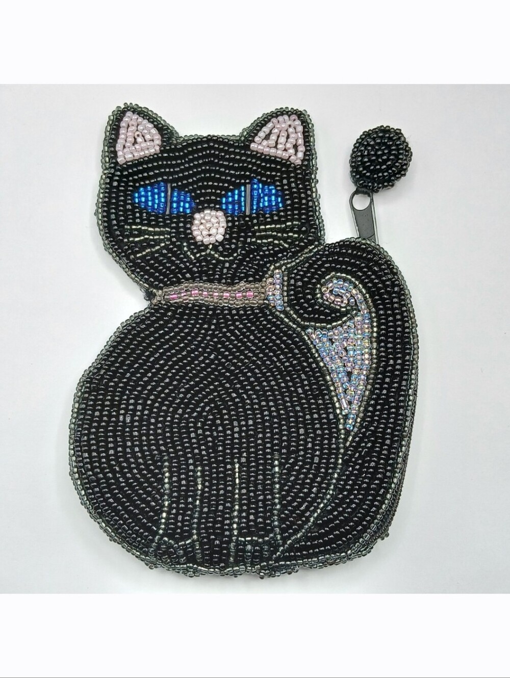Black Blue Beaded Coraline Inspired Cat Coin Zip Purse Pouch *READ*